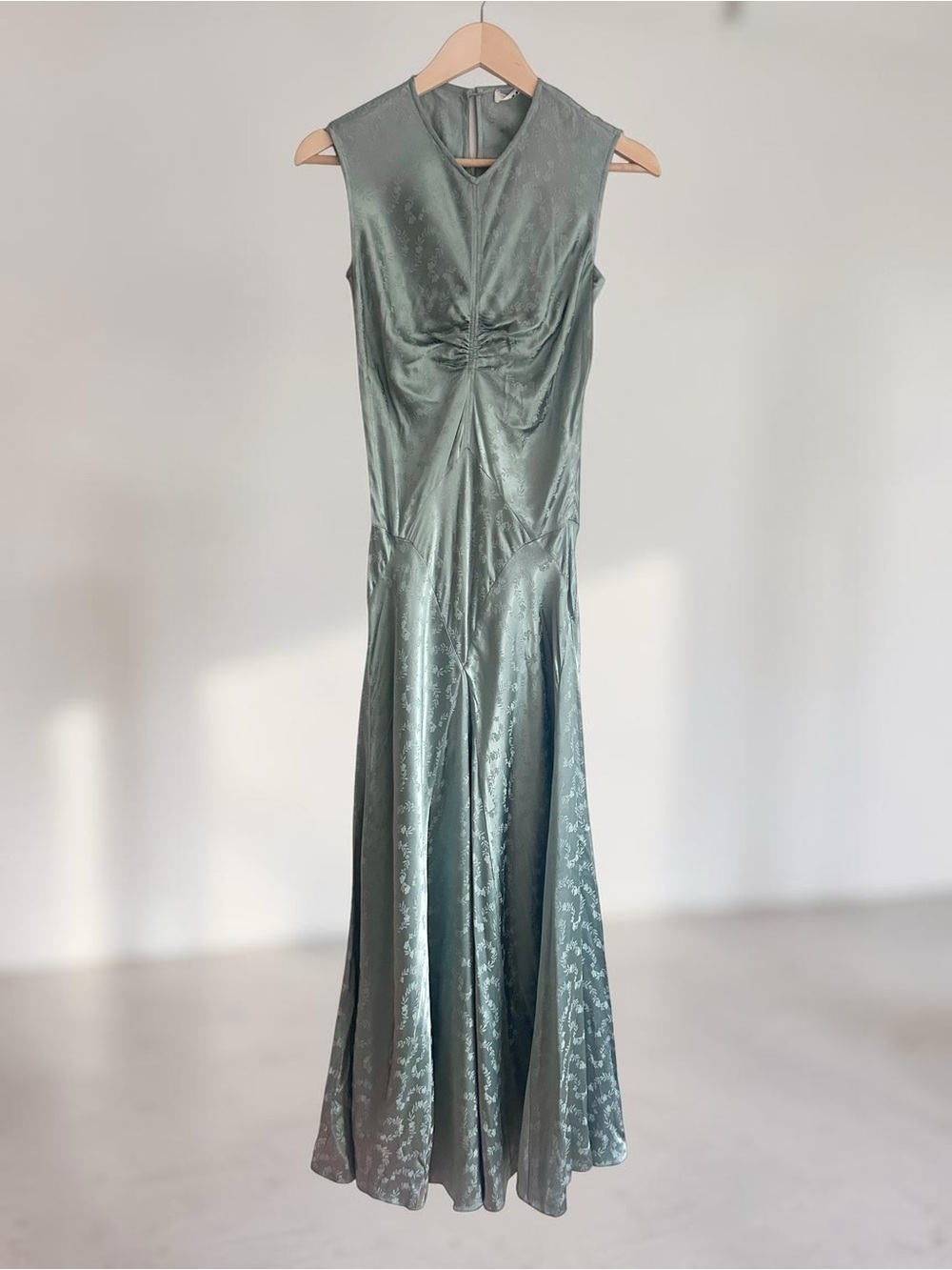 DOEN Ginette Paneled Floral Jacquard Satin Midi Dress Sz Medium Dusty Jade Green - Picture 3 of 13